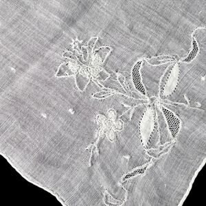 Handkerchief Vintage Corner Floral Embroidery Netting White on White Cotton